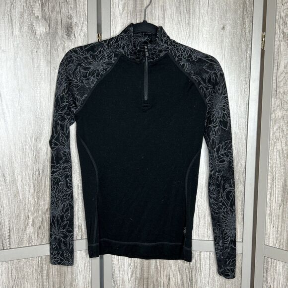 Smartwool Top Merino Wool Black Gray Floral Print 1/4 Zip Mock Neck Size S - Picture 1 of 7